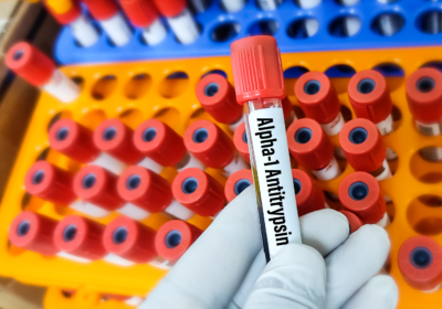 Scientist holds a blood sample tube for Alpha 1 antitrypsin(A1AT