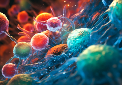 a microscopic view of liver cells with cancer cells growing and spreading within them Generative AI