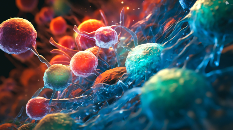 a microscopic view of liver cells with cancer cells growing and spreading within them Generative AI