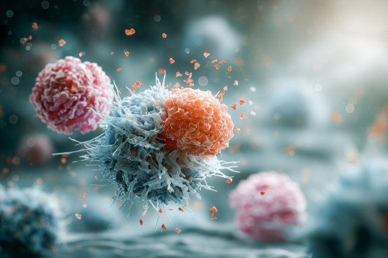 Immunzellen greifen Krebszellen an – Mikroskopische 3D-Darstellung des Immunsystems